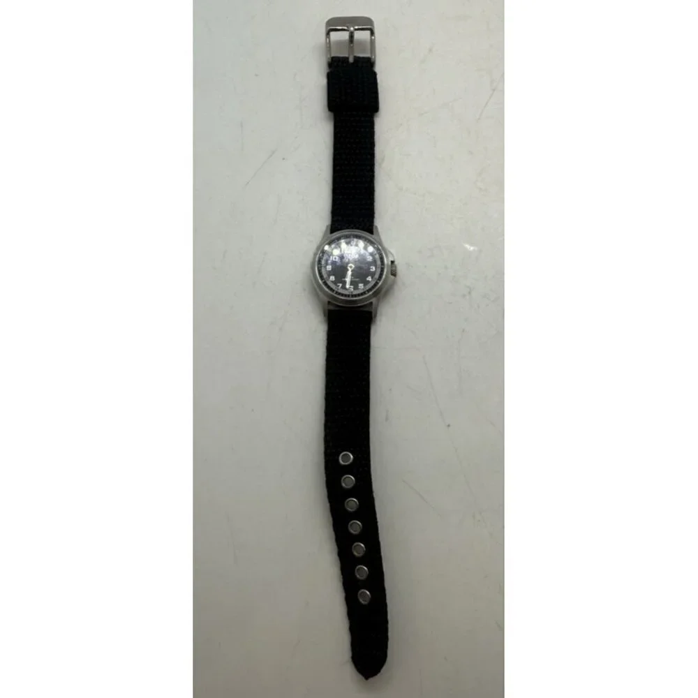 Dakota Round Stainless Steel Watch Canvas Black Band Mineral Glass Crystal 3 ATM